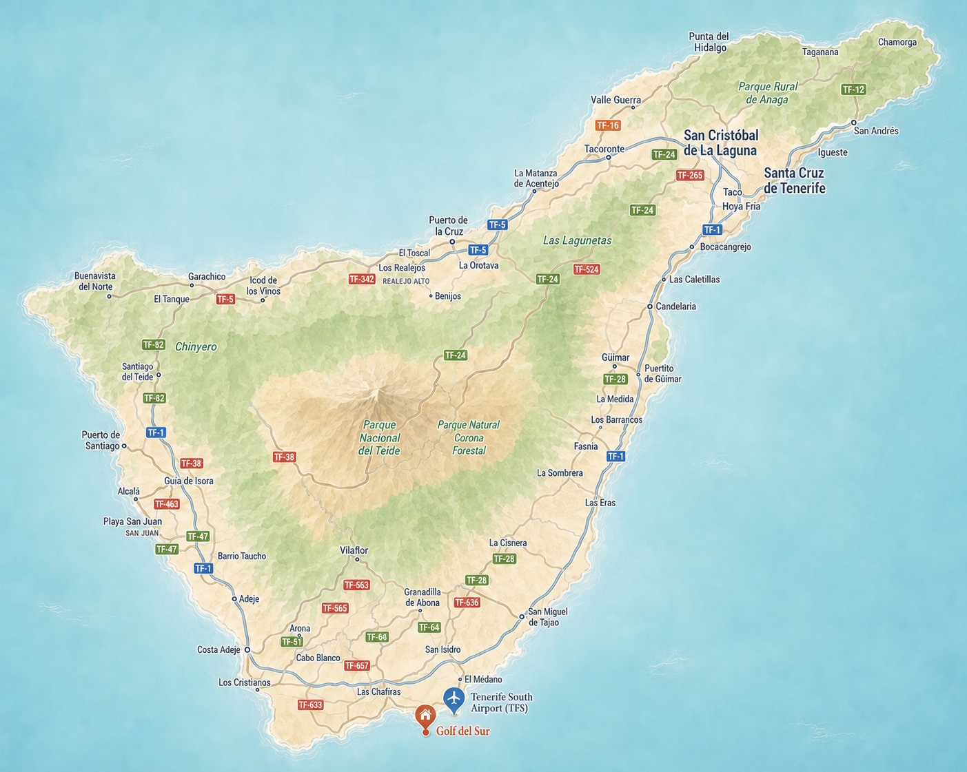 Illustrierte Karte von Teneriffa mit Golf del Sur, Flughafen Teneriffa Süd und Lage des Apartments